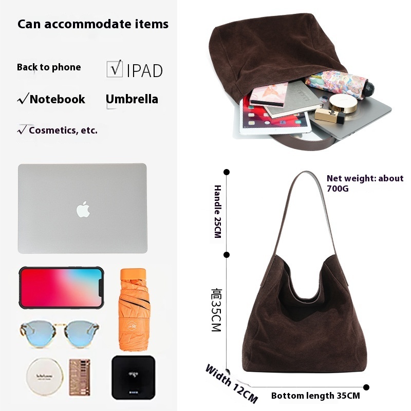 Commuter Shoulder First Layer Cowhide Matte Suede High-grade Tote Bag - Image 6
